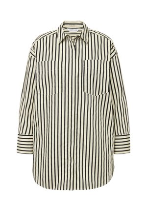 Chemise rayée présentant des rayures verticales alternées noires et crème, deux poches avant et un col classique avec un ourlet arrondi.