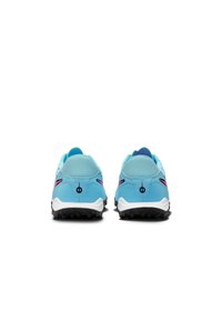 Blue athletic shoes with a textured upper, black rubber outsole, and pink accents on the sides, featuring a padded collar and tongue.