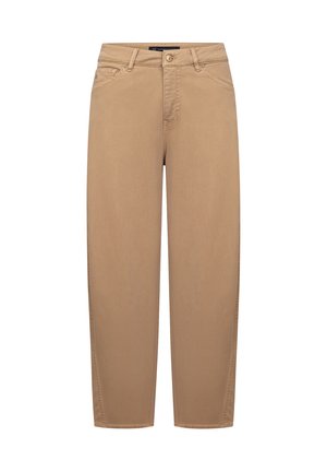 Beige Hose mit geradem Bein, Frontknopf, Reißverschluss, Gürtelschlaufen und Vordertaschen, auf weißem Hintergrund dargestellt.