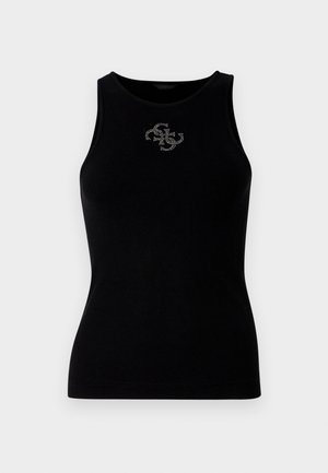 Svart ribbet tanktop med rund halslinning og en logo pyntet med sølvnagler på fronten. Myk, elastisk stoff.