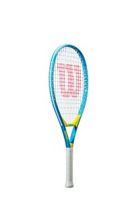Wilson Tennisschläger mit einem blauen Rahmen, weißen Saiten und einem gelben Akzent. Verfügt über einen strukturierten, weißen Griff und ein auffälliges rotes Logo.
