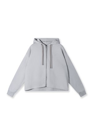 Lichtgrijze hoodie met ritssluiting, lange mouwen, vaste capuchon en donkere trekkoorden, platliggend op een witte achtergrond.