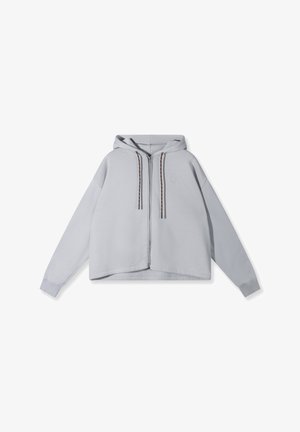 Sudadera con cremallera color gris claro, mangas largas, capucha con cordones oscuros, extendida sobre un fondo blanco.