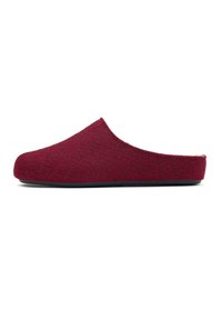 Red felt slipper with a rounded toe, low back, and flat rubber sole, featuring a seamless design and soft texture.