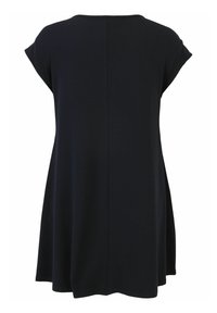 Black short-sleeve dress with a relaxed fit, round neckline, and flared hem. Made of smooth fabric with a simple back seam detail.