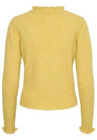 Pull jaune pâle à manches longues avec poignets et ourlet côtelés, présentant de délicats bords volantés au niveau du col et des extrémités des manches.