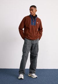 Pullover in pile marrone con pannello frontale blu navy e mezza zip, abbinato a pantaloni cargo grigi e sneakers multicolore.