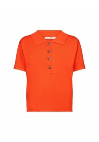 Pánská polo košile s krátkým rukávem v jasně oranžové pletenině, která má klasický límec a pět hnědých knoflíků vpředu.