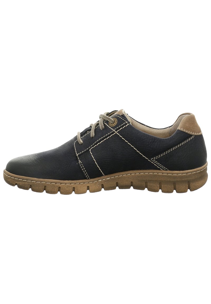 Scarpa nera in pelle con accenti color cuoio, cuciture dettagliate e una suola in gomma flessibile con un motivo testurizzato. Design classico con lacci.