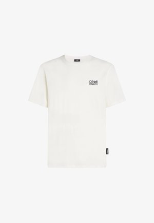 Hvid bomulds T-shirt med korte ærmer, rund hals, med et lille sort logo på brystet og et mærke på siden.
