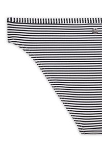 Alusvaatehousut mustavalkoraidallisessa bikinityylissä, joissa on sileä pinta, reunassa on ommel ja sivussa pieni metallikoriste.