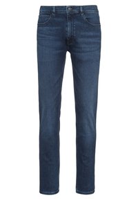 Tmavě modré slim-fit džíny se zapínáním na knoflík a zip, předními a zadními kapsami a poutky na opasek.