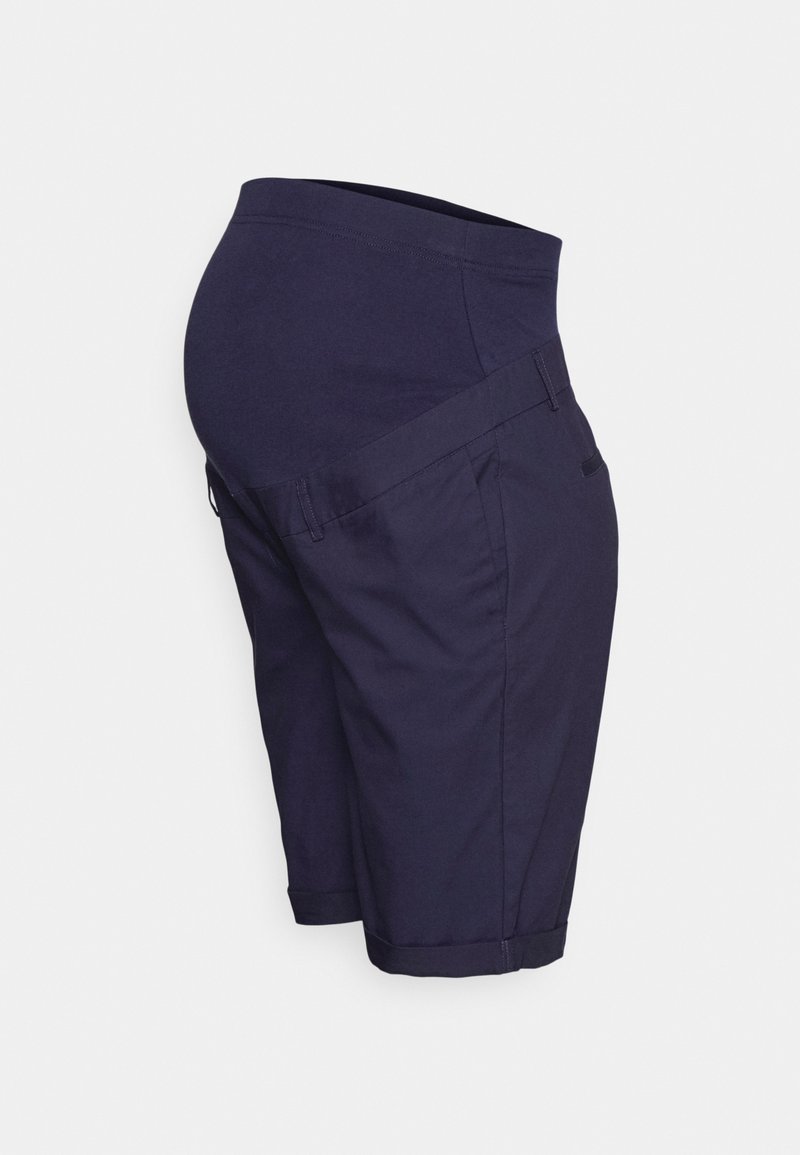 Bermudas de maternidade azul-marinho com um cós liso, bolsos laterais e corte reto. Feitas de um tecido respirável para conforto.