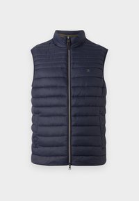 Gilet matelassé sans manches bleu marine avec col montant et fermeture éclair à l'avant, doté d'un petit logo discret sur le côté gauche de la poitrine.
