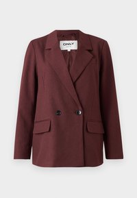 Bordeaux dobbeltbrystet blazer med notch-lapel, to frontlommer og sorte knapper. Glat tekstur, klassisk skræddersyet design.