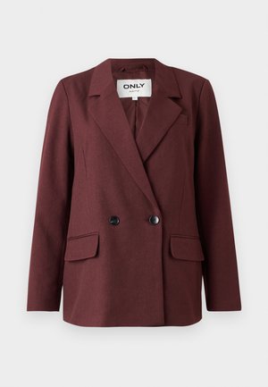Bordeauxfarbenes, doppelt geknöpftes Blazer mit Reverskragen, zwei Vordertaschen und schwarzen Knöpfen. Glatte Textur, klassisches, maßgeschneidertes Design.