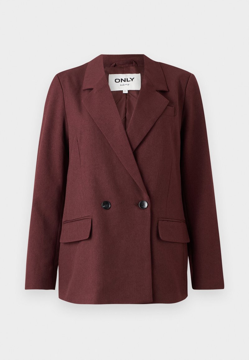 Blazer doppiopetto bordeaux con revers a punta, due tasche frontali e bottoni neri. Texture liscia, design classico e su misura.