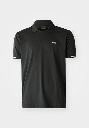 Polo shirt nera realizzata in tessuto testurizzato, con scollatura a V e maniche corte, arricchita da accenti bianchi e dorati sui polsini. Logo sul petto.