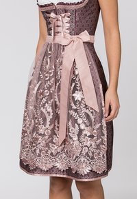 Dunkelviolettes Kleid mit Spitze und rosa Blumenstickerei. Satinband um die Taille gebunden, detaillierter Oberteil mit Schnürung vorne.