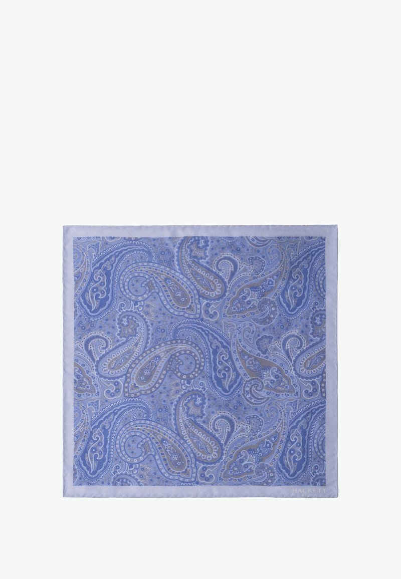Pochette bleue à motif cachemire avec des motifs complexes en tons de bleu clair et foncé, bordée d'une bordure unie bleu clair.