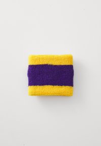 Yellow and purple cotton wristband with two horizontal stripes. Soft texture, rectangular shape. Measures approximately 10 cm by 8 cm.
