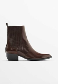 Brown leather ankle boots with a sleek design, squared toe, and a low block heel. Side panels feature vertical ribbing texture.