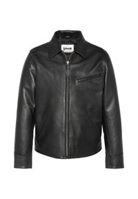 Veste en cuir noire avec une fermeture éclair frontale, un col pointu et une poche poitrine zippée. Dispose de deux poches latérales et d'une finition lisse.