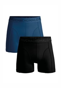 Két pár férfi boxer alsónadrág, az egyik sötétkék, a másik fekete, elasztikus derékrészén a "MUCHACHOMOLO" felirattal. Sima anyagú, testhezálló kialakítás.
