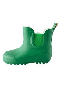 Stivale di gomma verde con superficie testurizzata, rivestimento interno imbottito, pannello laterale elastico e linguetta rinforzata sul retro.