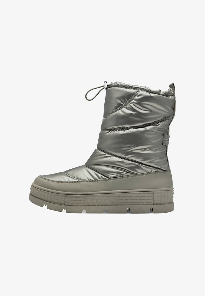 Gevoerde grijze enkelboot met een gestructureerd, glanzend exterieur en een dikke plateauzool. Voorzien van een trekkoord aan de bovenkant voor een verstelbare pasvorm.