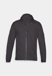 Schwarze Sportjacke mit Kapuze, ausgestattet mit einem Frontreißverschluss, kontrastierendem blauen Logo und strukturierten Einsätzen an den Schultern und Seiten.