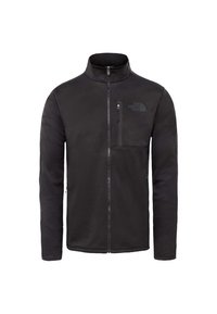 Svart fleecejacka med hög krage, full dragkedja framtill och en bröstficka med logotypdetalj. Slät textur och skräddarsydd passform.