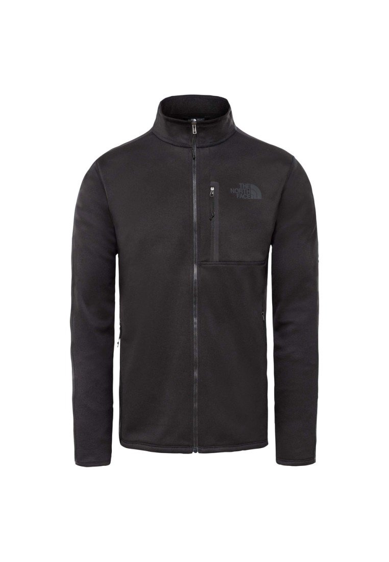 Svart fleecejacka med hög krage, full dragkedja framtill och en bröstficka med logotypdetalj. Slät textur och skräddarsydd passform.