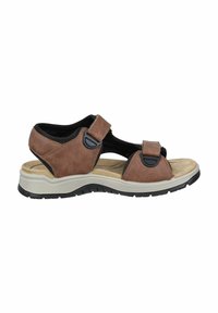 Brown leather sandals with adjustable straps, soft tan insole, and a durable black rubber sole featuring a textured grip.