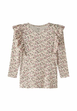 Haut pour enfant à manches longues avec motif floral rose et vert et détails volantés sur les épaules, fond crème, encolure ronde.