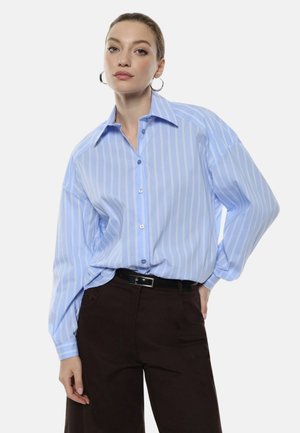 Camicia a righe azzurro chiaro con colletto classico, apertura con bottoni e maniche lunghe, abbinata a pantaloni alti marrone scuro.