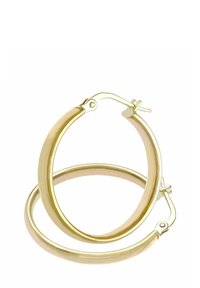 Złote metalowe kolczyki w kształcie obręczy z gładkim, polerowanym wykończeniem. Posiadają zawiasowy zamek do zamykania, okrągły kształt i znaczny rozmiar.