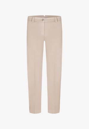 Pantaloni beige aderenti con passanti per cintura, chiusura frontale con bottone e zip, mostrati su sfondo bianco.