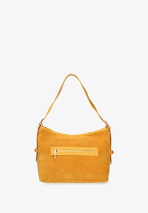Borsa a spalla in suede gialla con una forma curva, una tracolla singola e una tasca anteriore con zip. Tessuto morbido con cuciture in tinta.