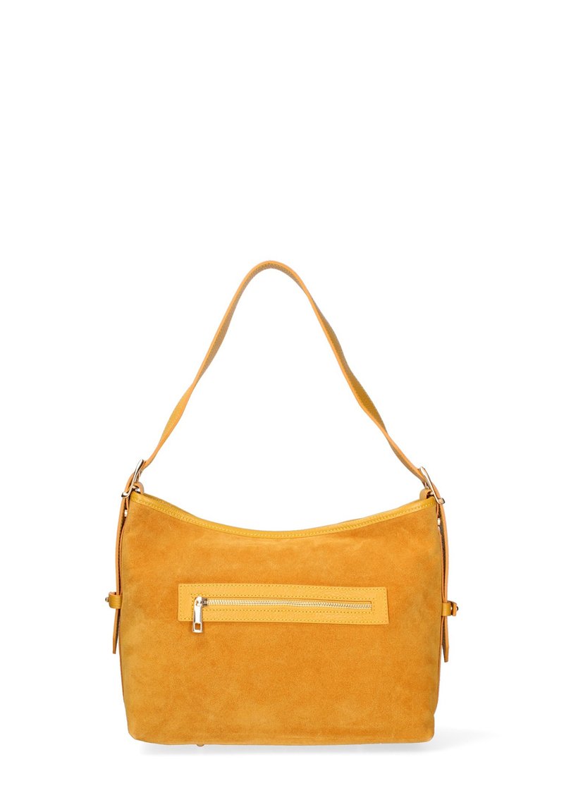 Borsa a spalla in suede gialla con una forma curva, una tracolla singola e una tasca anteriore con zip. Tessuto morbido con cuciture in tinta.