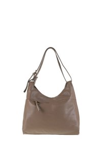 Borsa a spalla in pelle di colore taupe, caratterizzata da una morbida texture, un design floscio e una tasca esterna con zip decorata da un dettaglio in nodo.