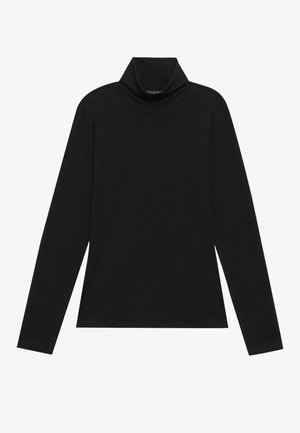 Black long-sleeve turtleneck. Soft fabric, fitted design, high collar, and side seams. Simple and versatile style suitable for layering.