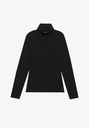 Zwarte langetermijn turtleneck. Zachte stof, getailleerd design, hoge kraag en zijnaad. Eenvoudige en veelzijdige stijl die geschikt is voor het laagjes dragen.