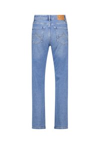 Hellblaue Jeans aus Denim mit geradem Bein, ausgestattet mit zwei Gesäßtaschen und einem tanfarbenen Lederpatch am Bund. Strukturierter Stoff.