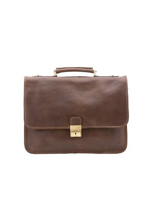 Brauner Lederaktentasche mit einer abgerundeten Klappe, goldfarbener Hardware-Verschluss, oberem Griff und subtilen Nähten entlang der Kanten.