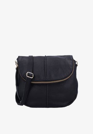 Mustast nahast risti kantav kott kumerate klappidega, horisontaalse kuldse tõmblukuga ja reguleeritava rihmaga, millel on hõbedane pandl.