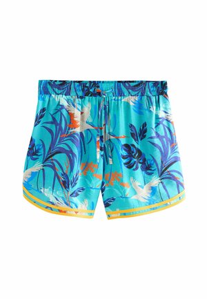 Bunte Badehose in Türkis mit einem tropischen Blumenmuster. Verfügt über einen elastischen Bund und einen gelb gestreiften Saum. Leichtes Material.