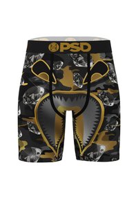 Boxer aderenti neri e dorati con motivo mimetico e dettagli a rombi. Vita elastica con logo "PSD" nella parte superiore.