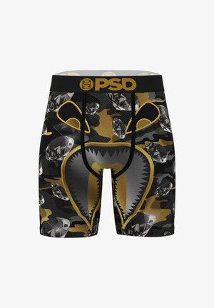 Boxer aderenti neri e dorati con motivo mimetico e dettagli a rombi. Vita elastica con logo "PSD" nella parte superiore.