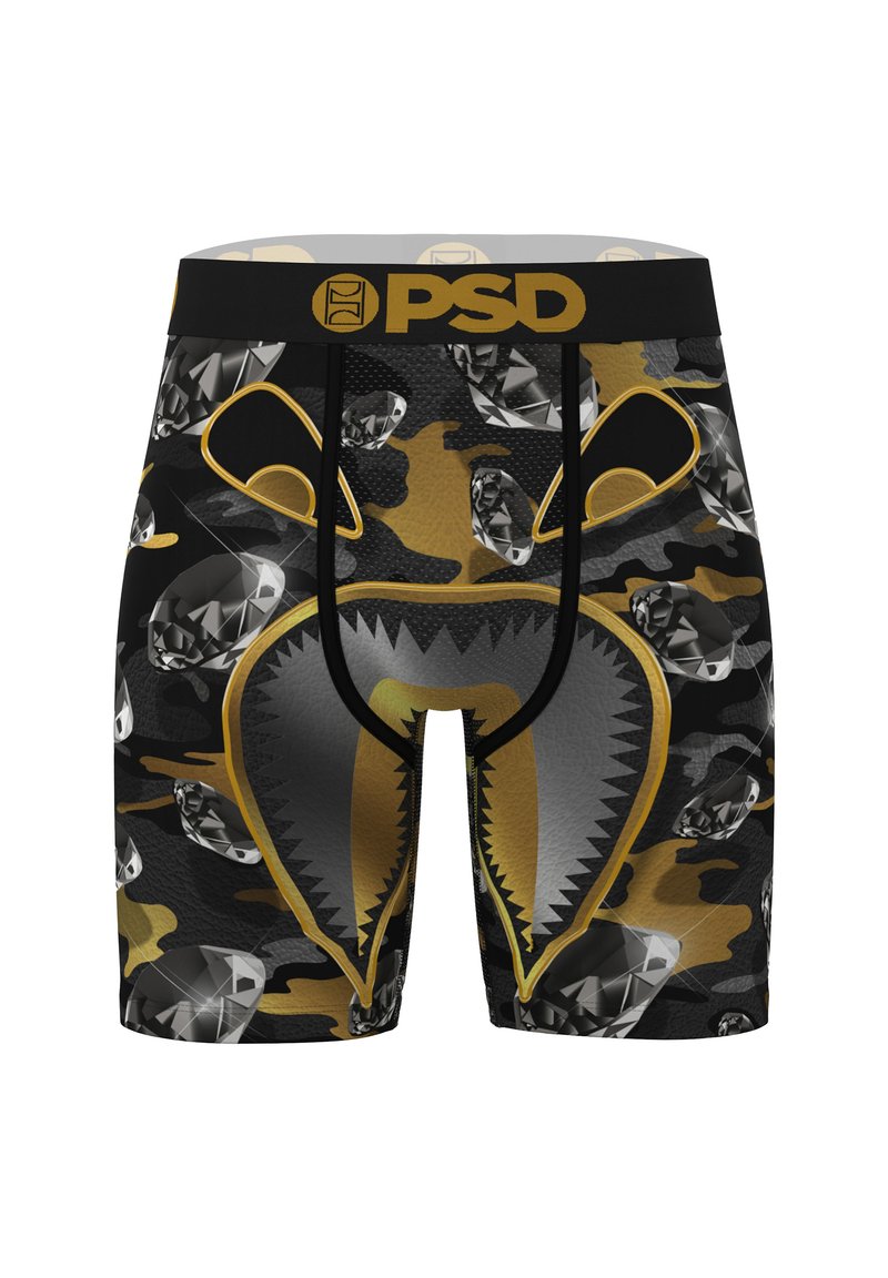Boxer aderenti neri e dorati con motivo mimetico e dettagli a rombi. Vita elastica con logo "PSD" nella parte superiore.